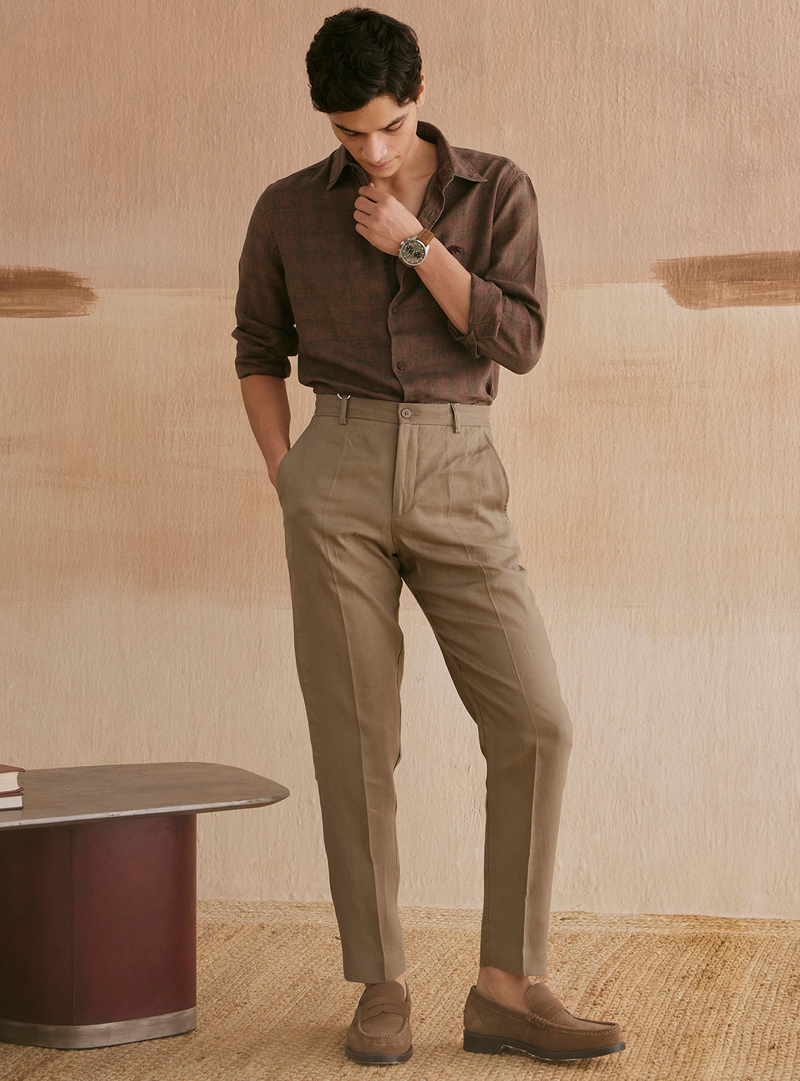 Roman Brown Check Linen Shirt